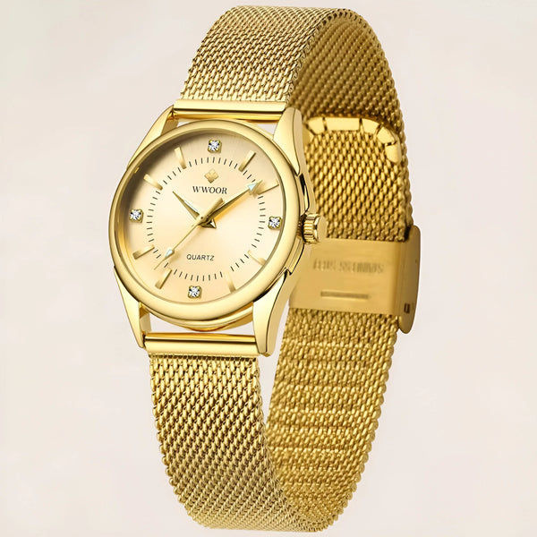 Damen Luxus Gold Mesh Quarz Uhr