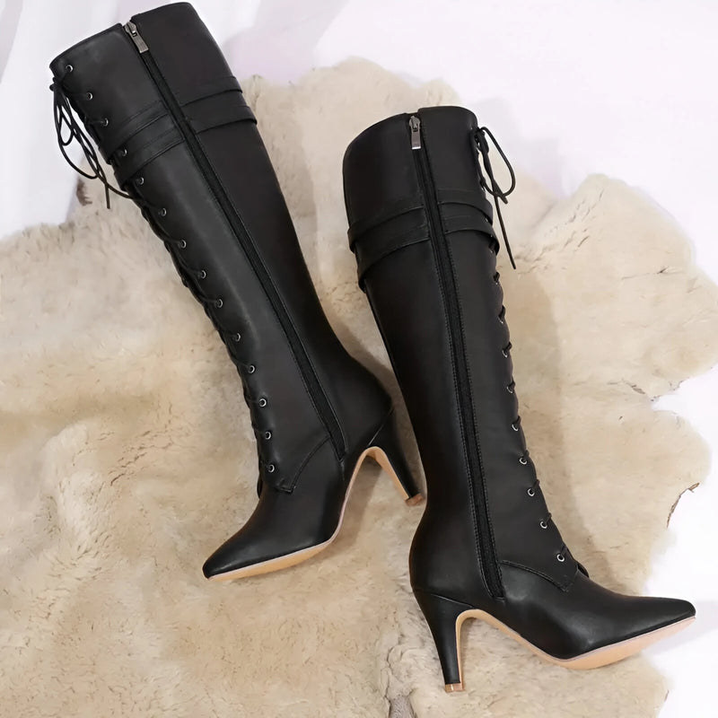 Damen Kniehohe Schnürstiefel mit Seitenreißverschluss