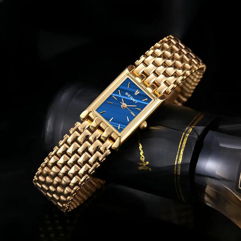 Damen Stylische Quadrat Gold Uhr