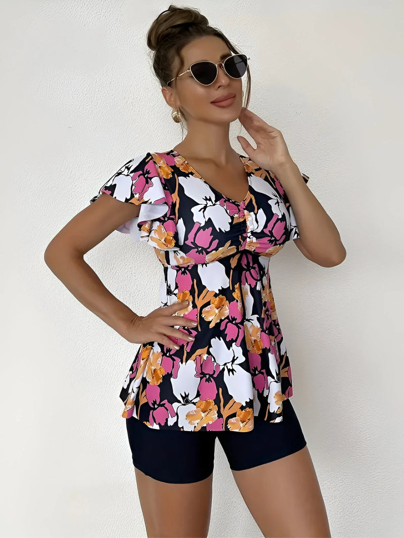 Blumiges Tankini-Set mit V-Ausschnitt und Rüschen-Trägern