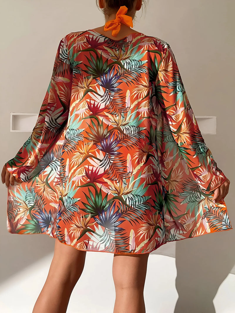 Bikini-Set mit tropischem Print und passendem Blumen-Cover-Up