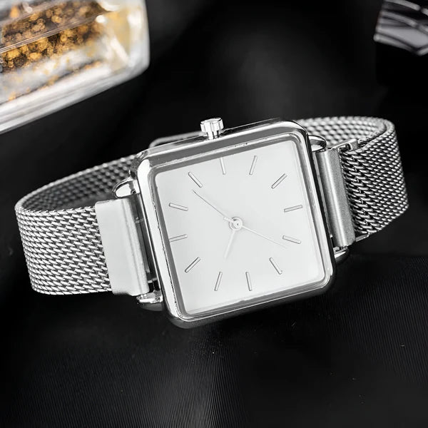 Quadrat Zifferblatt Quarz Mesh Uhr – Minimalistische Edelstahl Uhr