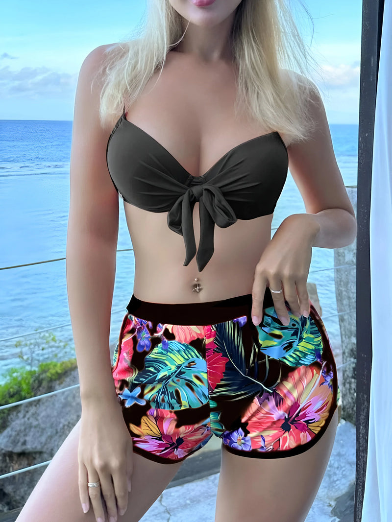 Bikini-Set mit tropischem Print und Kimono-Cover-Up