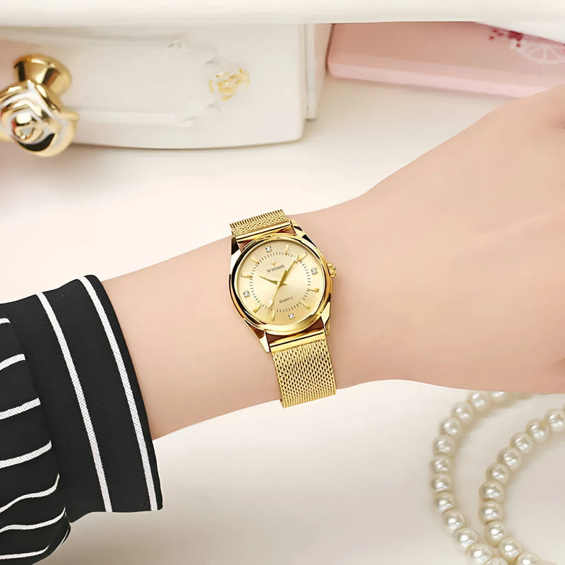 Damen Luxus Gold Mesh Quarz Uhr