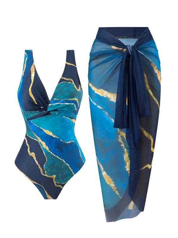 Zweiteiliges Bikini-Set mit tropischem Print und passendem Sarong