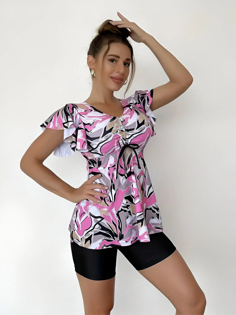 Blumiges Tankini-Set mit V-Ausschnitt und Rüschen-Trägern