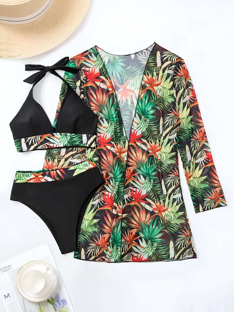 Bikini-Set mit tropischem Print und passendem Blumen-Cover-Up