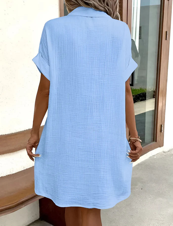 Women's V-Neck Button-Up Short Sleeve Dress with Pockets