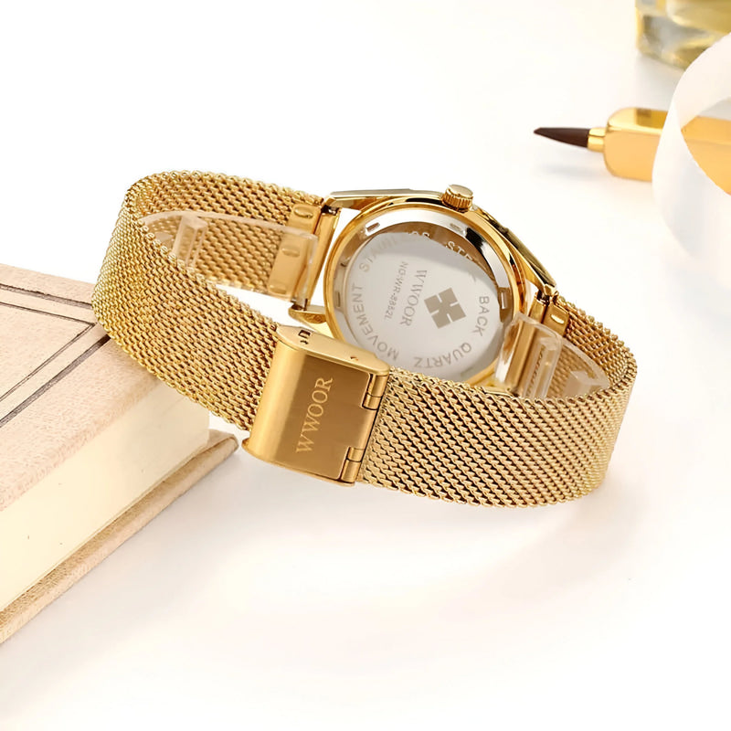 Damen Luxus Gold Mesh Quarz Uhr