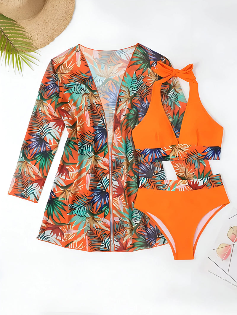 Bikini-Set mit tropischem Print und passendem Blumen-Cover-Up