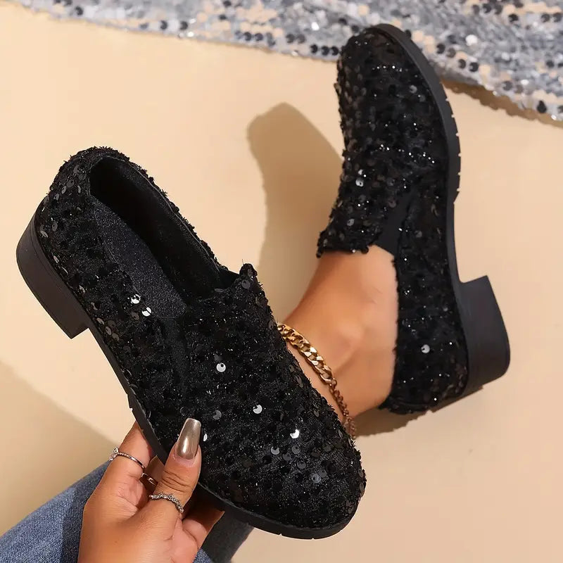 Damen Funkelnde Schwarze Pailletten-Loafer