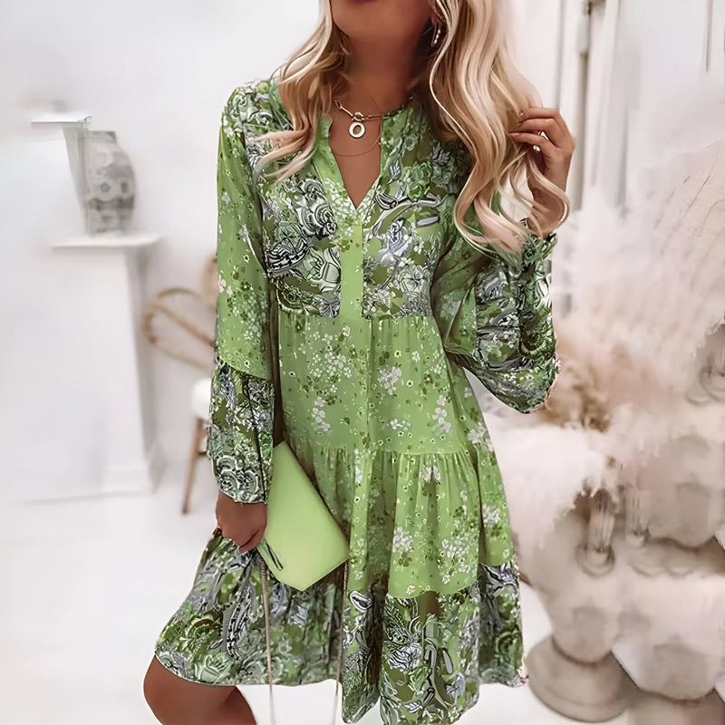 Boho-Kleid mit Blumenmuster, V-Ausschnitt und A-Linien-Silhouette