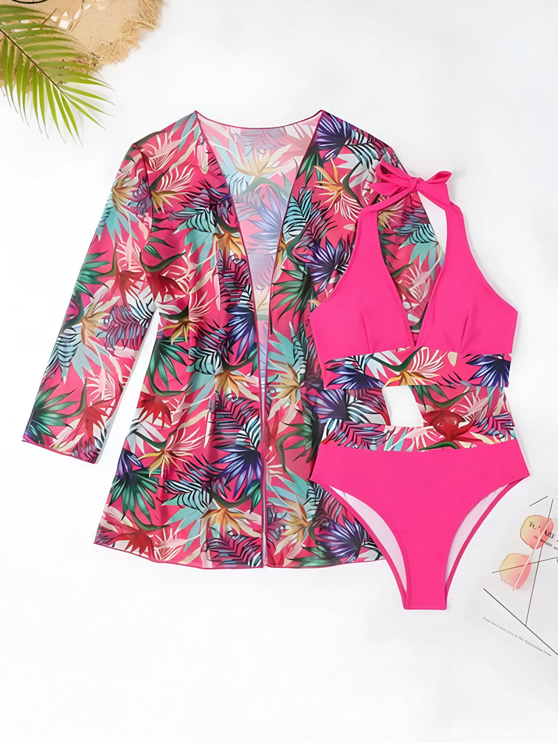 Bikini-Set mit tropischem Print und passendem Blumen-Cover-Up