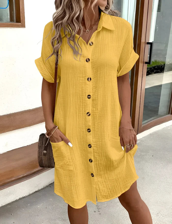 Women's V-Neck Button-Up Short Sleeve Dress with Pockets
