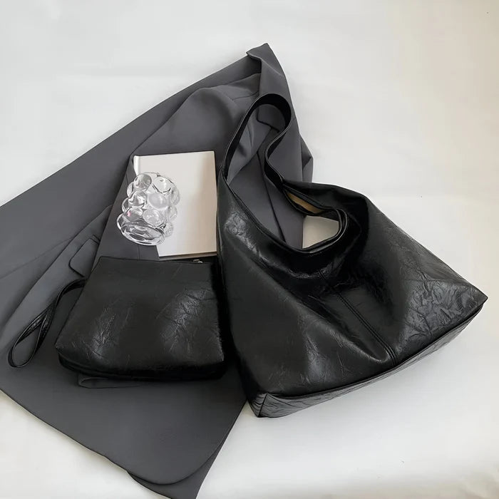 2-teiliges Set: Große Schultertasche aus Leder