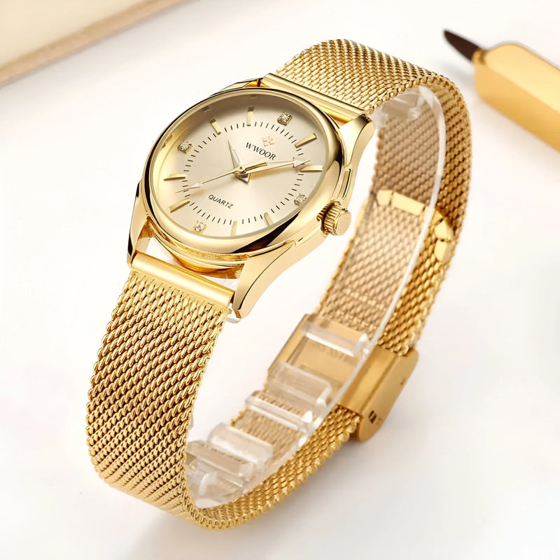 Damen Luxus Gold Mesh Quarz Uhr