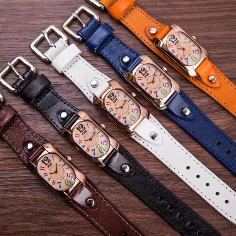 Vintage Damenarmbanduhr mit Lederband und Quarzstein