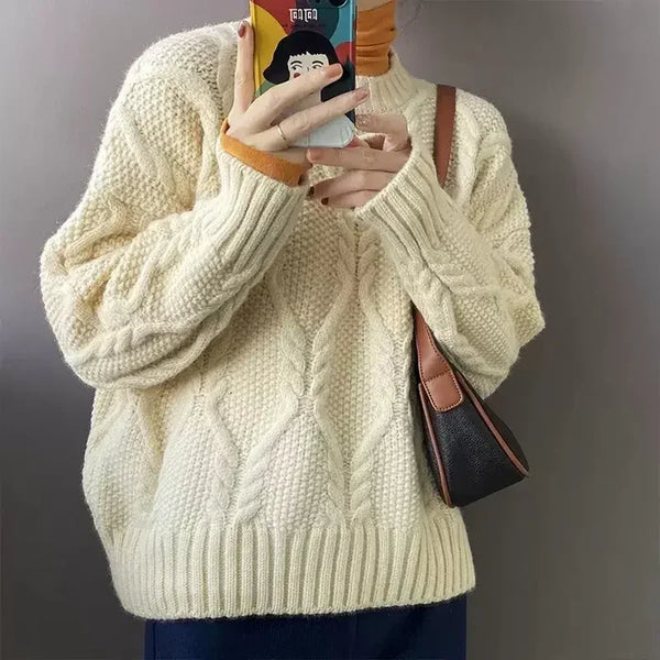 Vintage Damenpullover mit Rundhalsausschnitt und Zopfmuster – Oversized