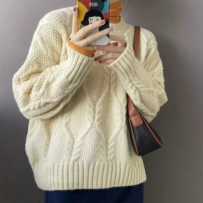 Vintage Damenpullover mit Rundhalsausschnitt und Zopfmuster – Oversized