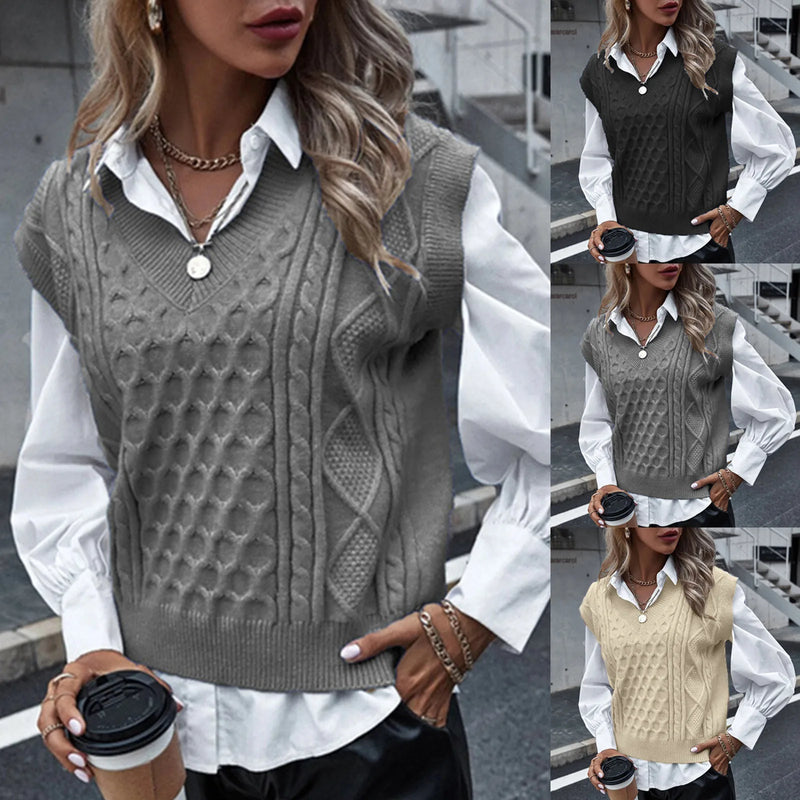 Strickweste mit V-Ausschnitt Ärmelloser Zopfmusterpullover