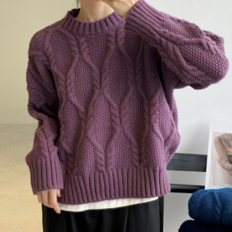 Vintage Damenpullover mit Rundhalsausschnitt und Zopfmuster – Oversized
