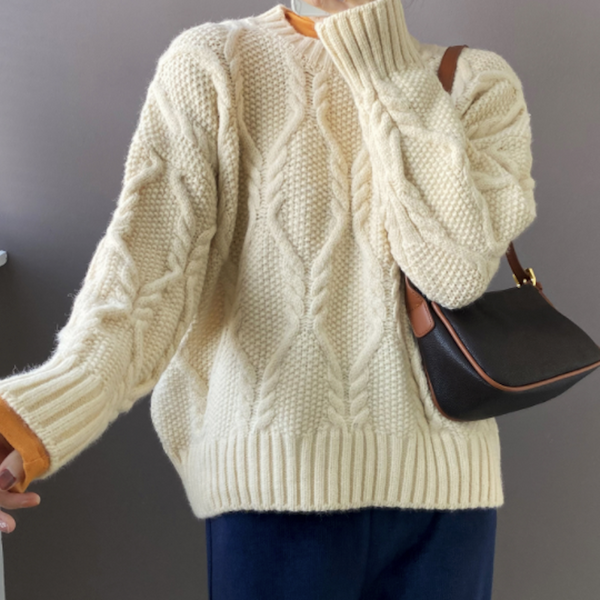 Vintage Damenpullover mit Rundhalsausschnitt und Zopfmuster – Oversized