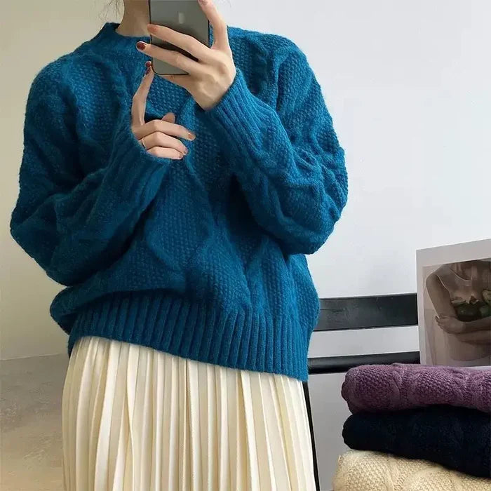 Vintage Damenpullover mit Rundhalsausschnitt und Zopfmuster – Oversized