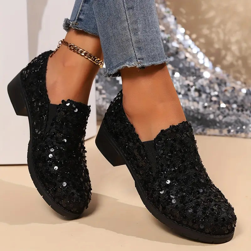 Damen Funkelnde Schwarze Pailletten-Loafer