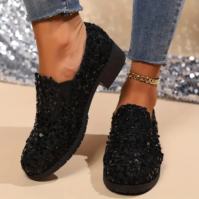 Damen Funkelnde Schwarze Pailletten-Loafer