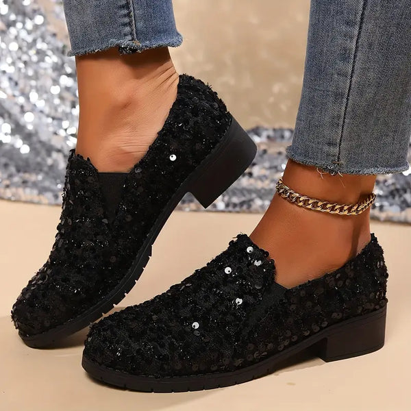 Damen Funkelnde Schwarze Pailletten-Loafer